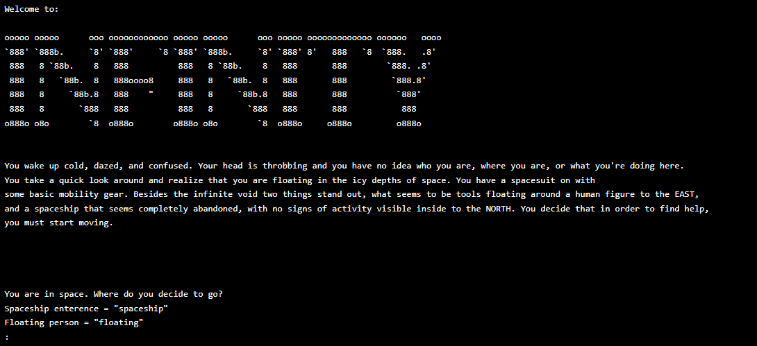 An image displaying the opening screen of the game INFINITY, a text based adventure game I created in Python